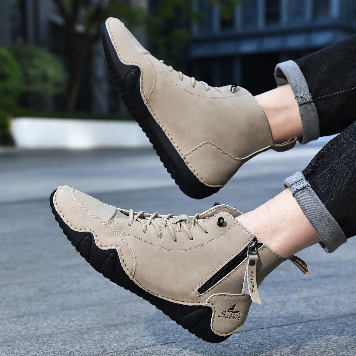 New 2025 Handmade Casual Shoes Men Sneakers Ankle Boots Leather Side Zipper Comfortable Breathable Anti-Slip Outdoor Walking