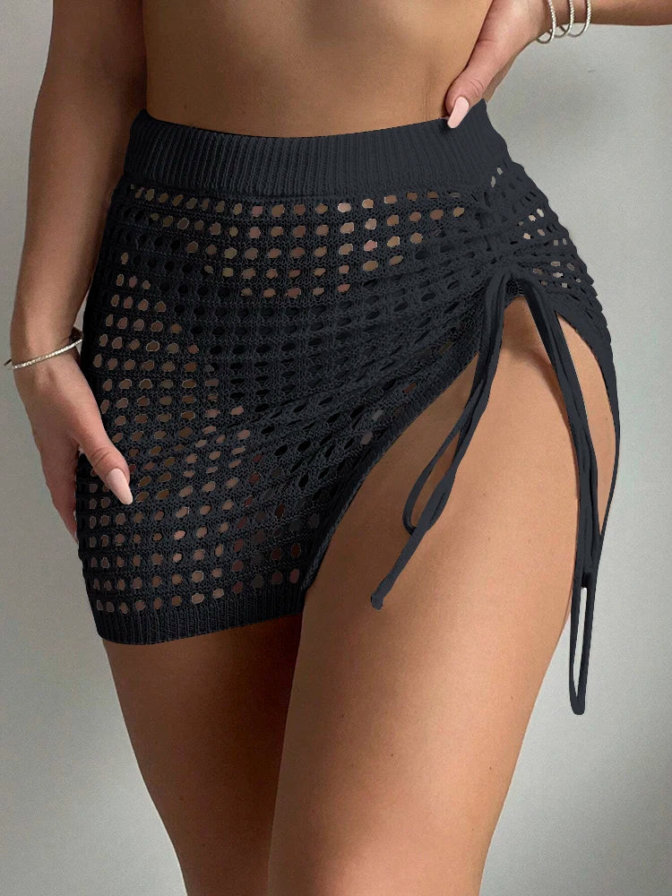 Elegant Spring Summer Beach Fashion Knit Short Skirt Hollowed out Bikini Cover Skirt for Women