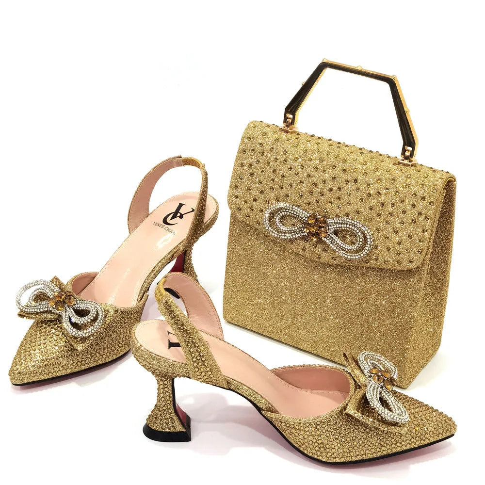 Rhinestone Bow Side Empty Party High Heels Pointed Toe Stiletto Heels Silver Women's Shoes And Bags