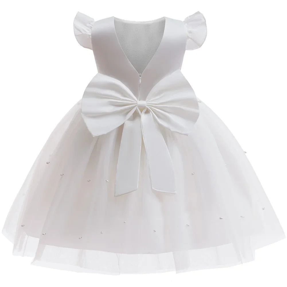 Girls White Wedding Pearls Elegant Pageant Princess Dress For Girls Backless Big Bow Wedding Bridesmaid Birthday Party Ball Gown