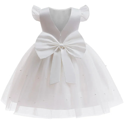 Girls White Wedding Pearls Elegant Pageant Princess Dress For Girls Backless Big Bow Wedding Bridesmaid Birthday Party Ball Gown
