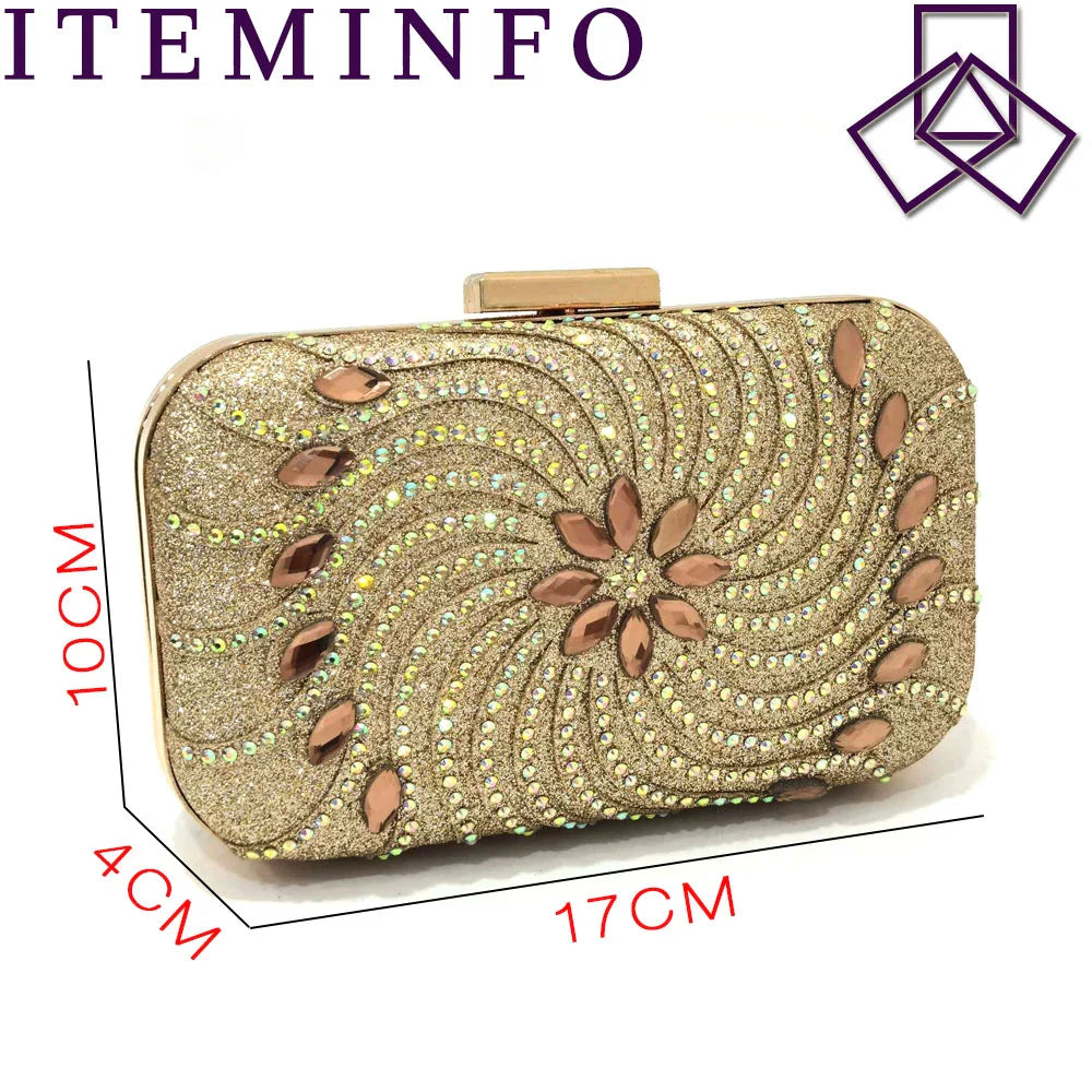 The Latest Italian Design Rotary Rhine-Diamond Floral Thick Heel Platform Women's Comfortable Shoes Bag and Shoe Set