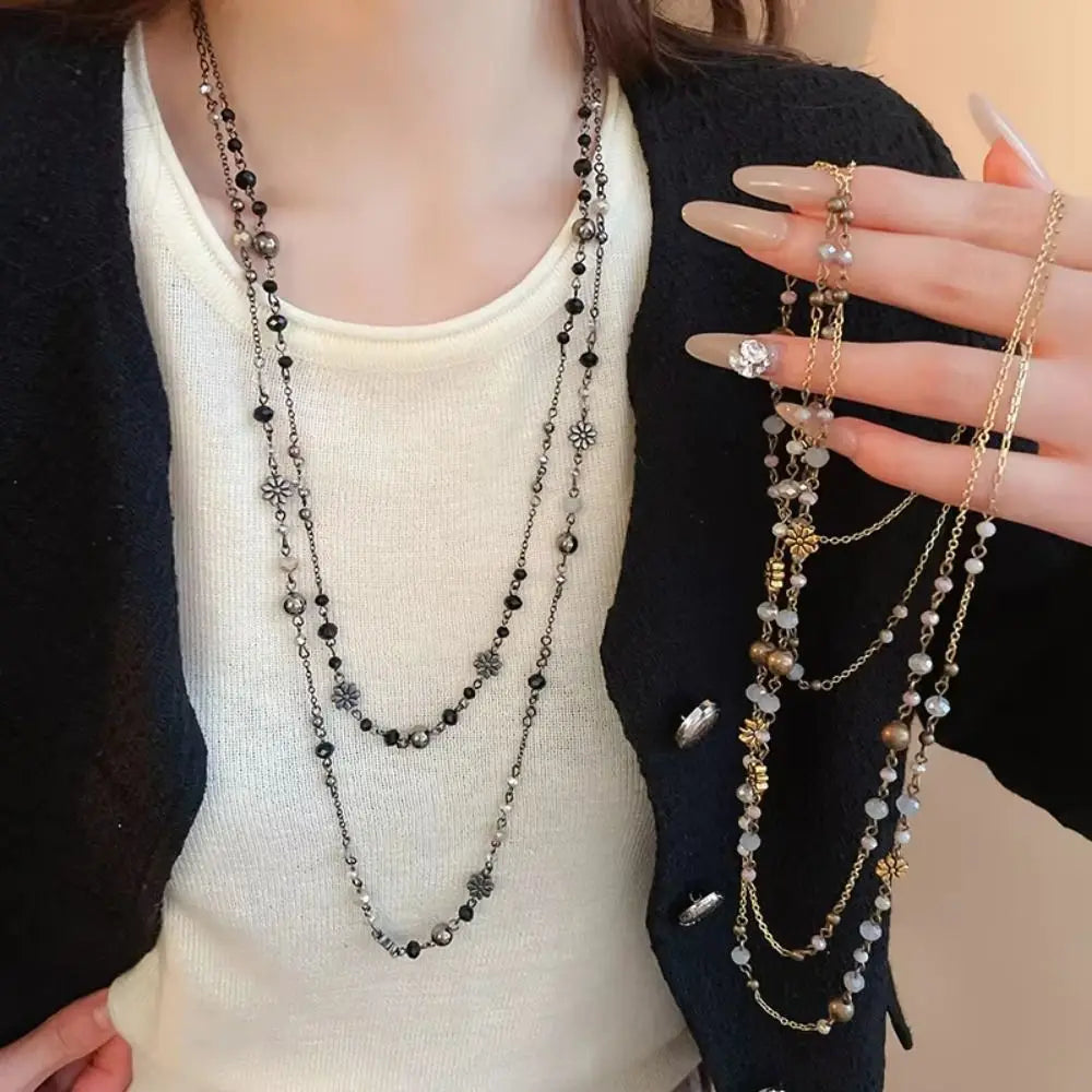 Bohemian Double-layer Flower Necklace Long Beaded Sweater Chain Y2K Style Stackable Geometric Necklace
