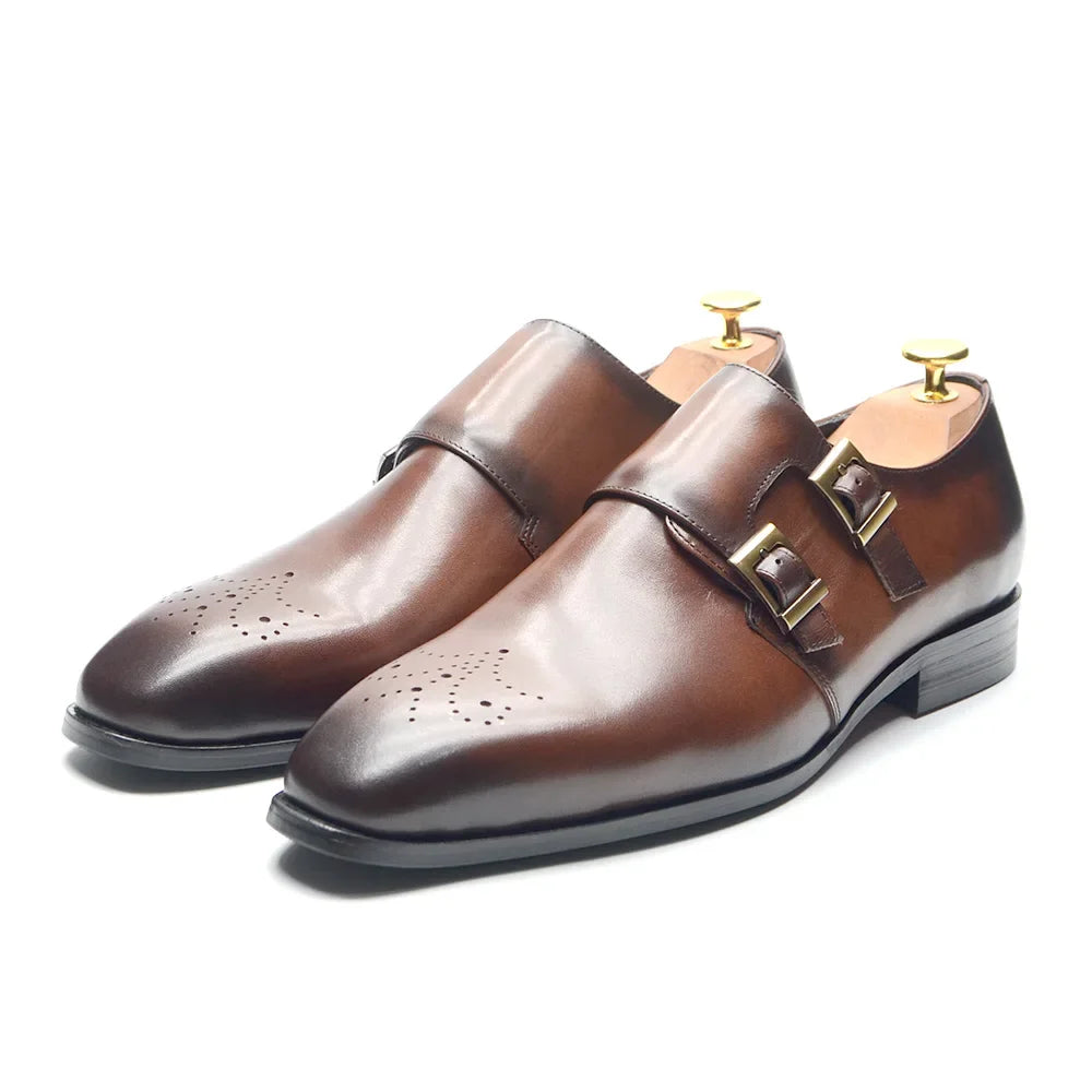 Italian Style Luxury Genuine Leather Monk Strap Men's Formal Shoes Double Buckles Brogue Pointy Toe Business Office Dress Shoes