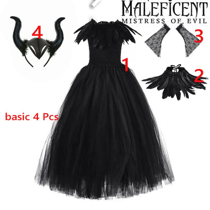 2-10Yrs Maleficent Girl Evil Queen Black Tutu Dress with Feather Scarf Halloween 2026 Villain Party Gothic Costume Gown Vestidos