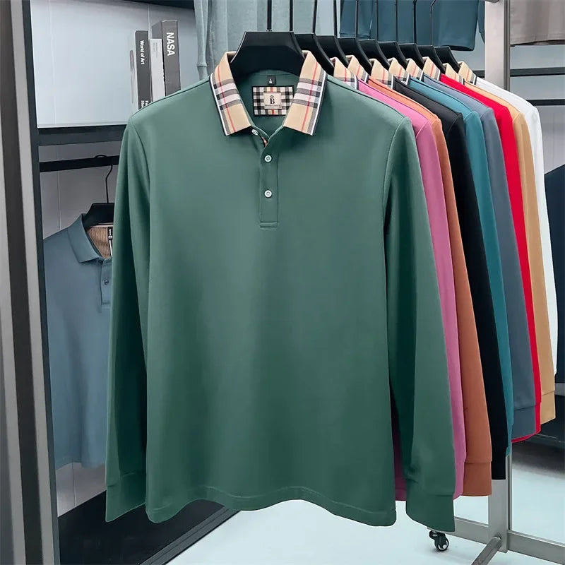 Men's Plaid Long Sleeve Polo Shirt Autumn Winter Casual Office Outdoor Fashion Top Commercial Collar Trendy Men's Clothing