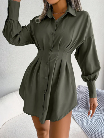 Women Casual Buttons Long Sleeve Shirt Dress Autumn 2026 Solid Color Lapel Mini Dress White Blue Army Green Woman Clothing