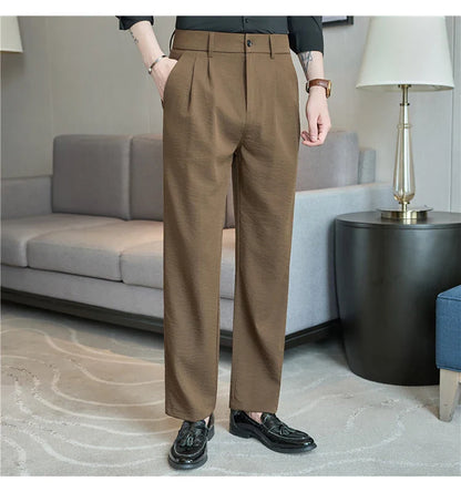 Men's Old Money Style Linen-Cotton Pleated Dress Pants – Lightweight, Semi-Elastic Waist & Wrinkle-Free for Summer