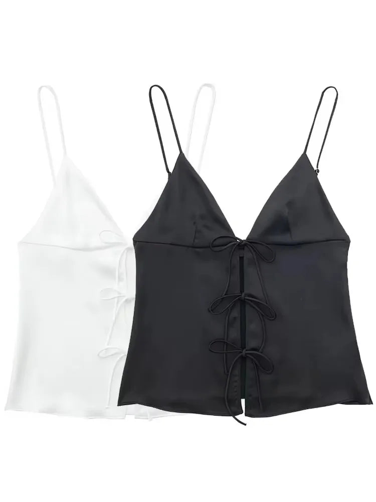 Women Front Bow Tie Top Elegant V Neck Solid Camis Sleeveless Backless Sexy Lady Straps Tanks Y2k Female Slim Crop Tops