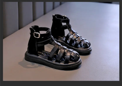British Style Children's Sandals Girl 2024 Summer Kids Hollow-out Beach Shoes Fashion Causal Girls High-top Simple Roman Sandals