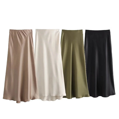 2024 Y2K Casual Women Long Skirt Spring Elastic High Waisted A-Line Casual Female Satin Skirts High Street Lady Skirts