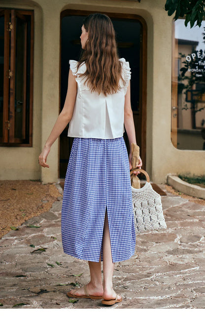 Women's Summer 2026 Midi Elastic Waistband Skirt Elegant Office Ladies Blue Plaid BUD Skirt Female Clothes O57XB99598