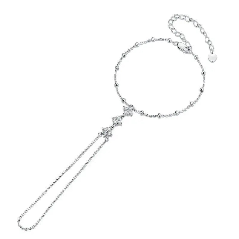 925 Sterling Silver Adjustable Hand Chain Bracelet Four-leaf Clover CZ Finger-Wrist Link for Women Xmas Body Jewelry 14K
