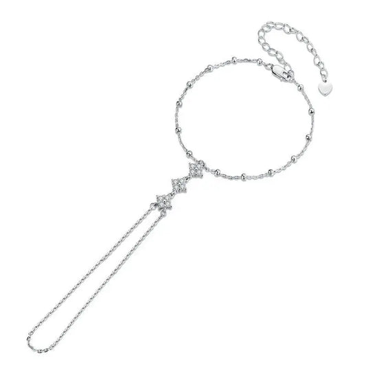 925 Sterling Silver Adjustable Hand Chain Bracelet Four-leaf Clover CZ Finger-Wrist Link for Women Xmas Body Jewelry 14K