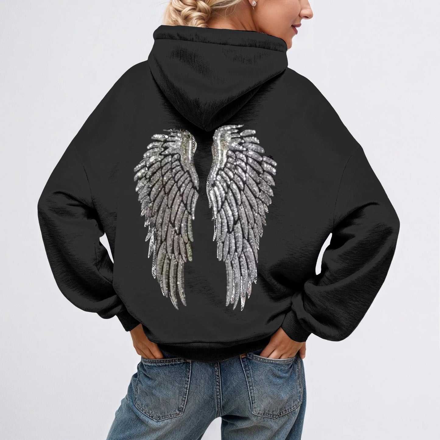 Glitter Angel Wings Printed Hoodies Women Streetwear Loose Long Sleeve White Pullover Fashion Y2k Harajuku Casual Sweatshirts