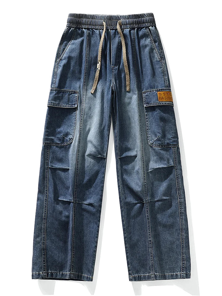 Men's Cargo Jeans with 5 Pockets Spring Summer All-Day Wide Leg Straight Baggy Jeans Brushed Warm Denim Pants Asian Size L-6XL