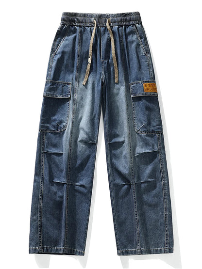 Men's Cargo Jeans with 5 Pockets Spring Summer All-Day Wide Leg Straight Baggy Jeans Brushed Warm Denim Pants Asian Size L-6XL