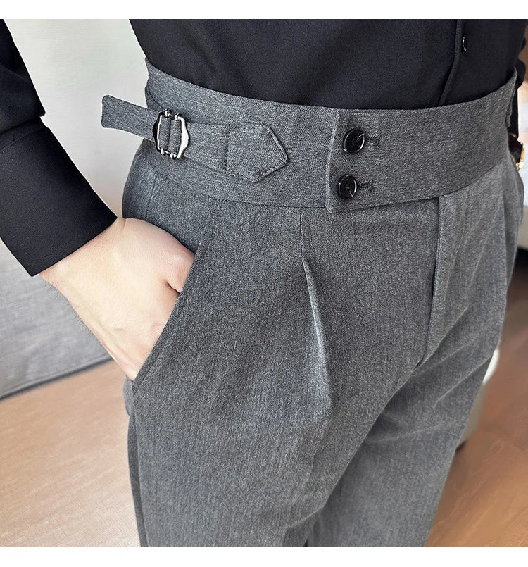 New Spring Autumn High Waist Smart Casual Dress Pants Men Belt Design Slim Suit Pants Formal Wedding Social Party Mens Trousers