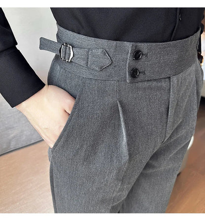 New Spring Autumn High Waist Smart Casual Dress Pants Men Belt Design Slim Suit Pants Formal Wedding Social Party Mens Trousers