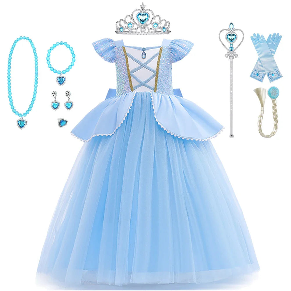 Cinderella Cosplay Costume Kids Clothes for Girls Sequins Princess Dress with Crown Gloves Birthday Party Ball Gown 2-10 Years