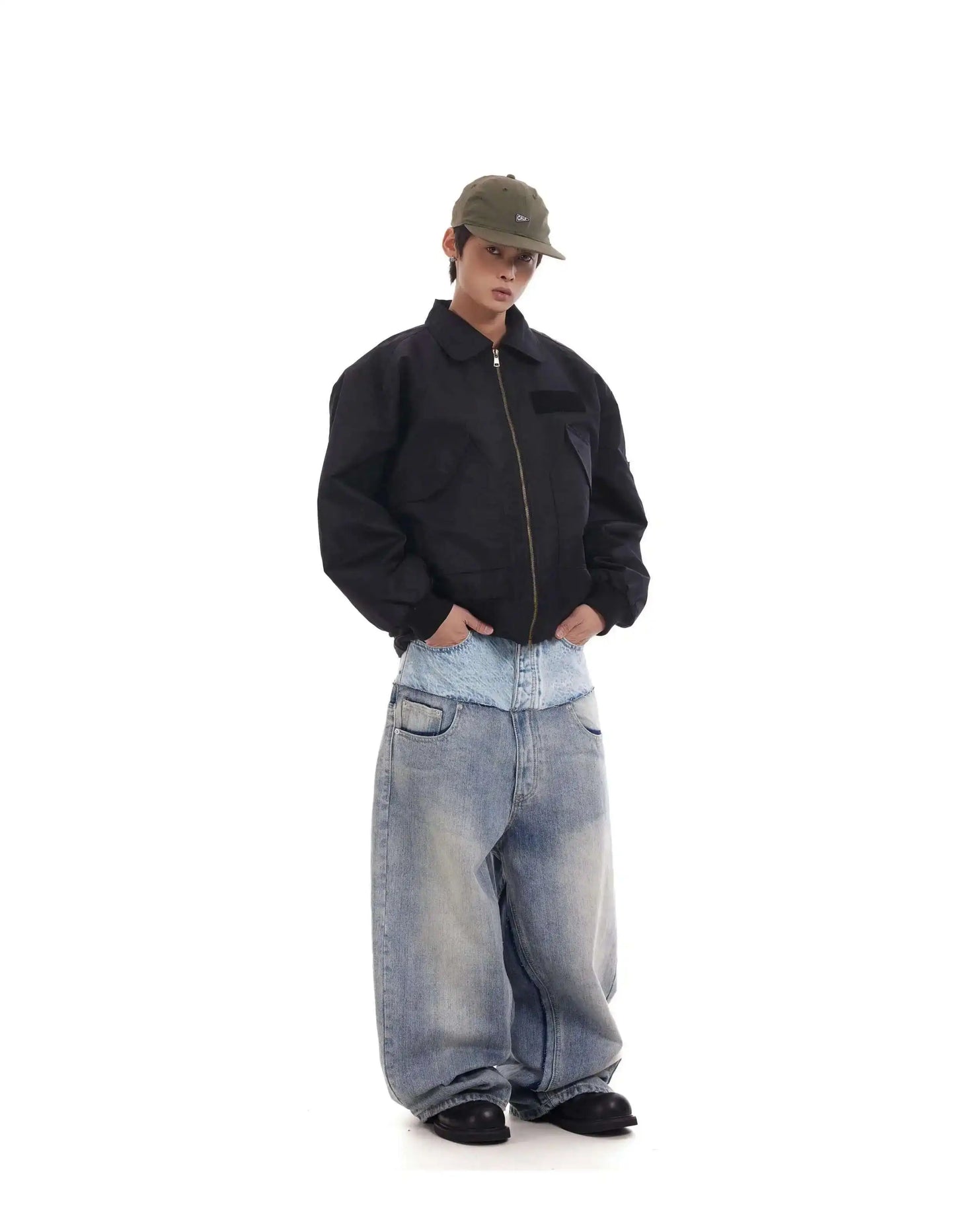 Niche Colorblock Patchwork Wide Leg Blue Jeans Men's Spring 2025 New Straight Double Waist Design Denim Trousers 28W6048