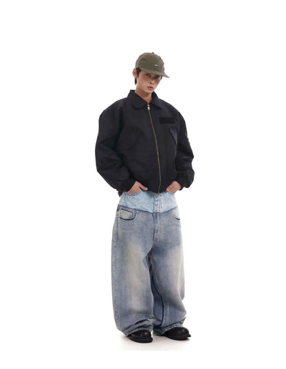 Niche Colorblock Patchwork Wide Leg Blue Jeans Men's Spring 2025 New Straight Double Waist Design Denim Trousers 28W6048