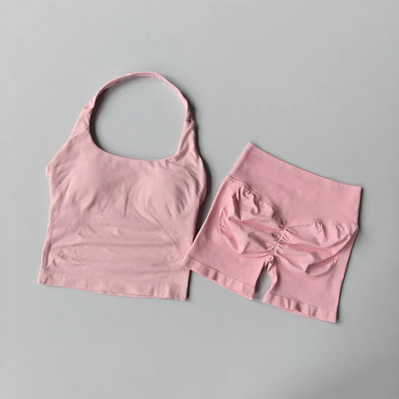 Seamless Halter Neck Yoga Wear Two Piece Women's Push up Sports Bra High Waist Tummy Control Butt Lift Fitness Shorts Set