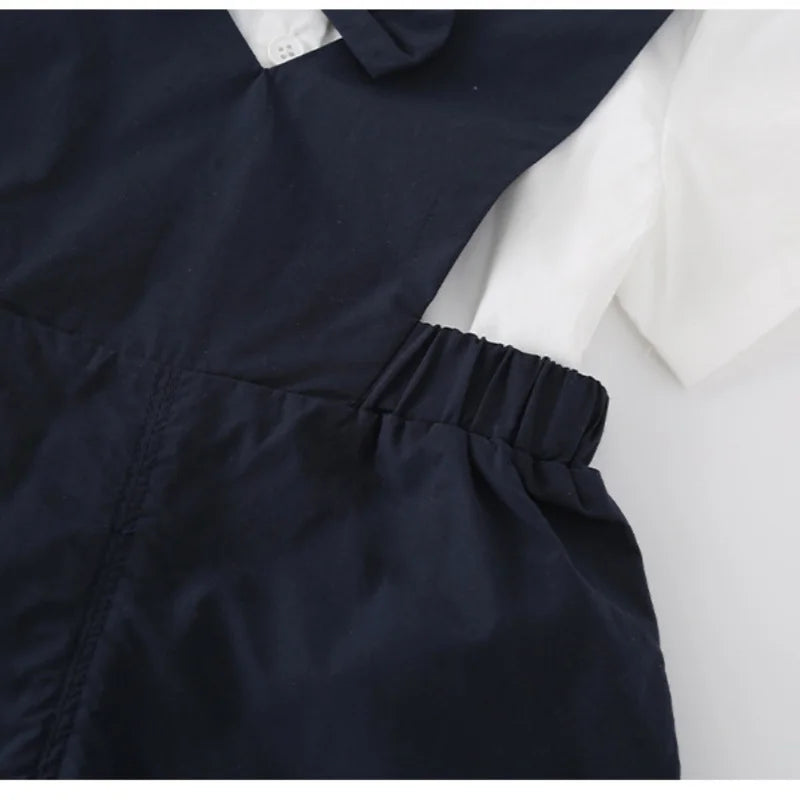 Baby Boys Gentleman 2pcs Overalls Set Bow Tie White Shirt+Suspender Shorts 1st Birthday Outfits Kids Handsome Suit