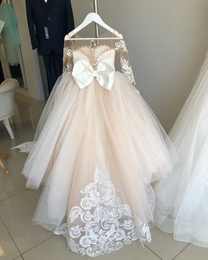 Children's First Communion Ball Gown Wedding Party Bridesmaid Dress Kids 3-9 Years Lace Tulle Flower Girl Dress Up Buttons Bows