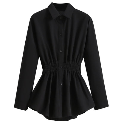 2026 Women's Plus Size Blouse Korean Style Spring Autumn Loose Elegant Casual Mid-length Tops Long Sleeved Waist Cinching Shirts
