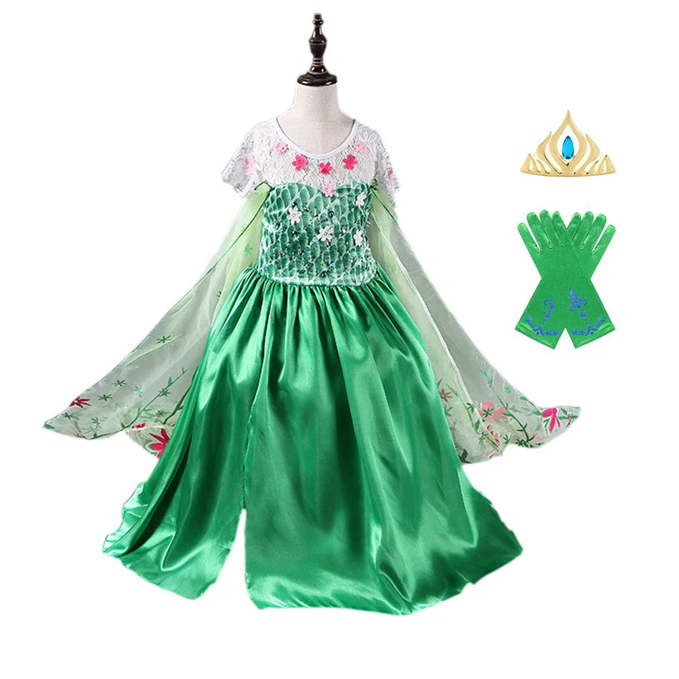 Princess Party Green Dress Girl Elsa Disfraz Costume Birthday Dress Kids 3 4 5 6 7 8 9 10 Years