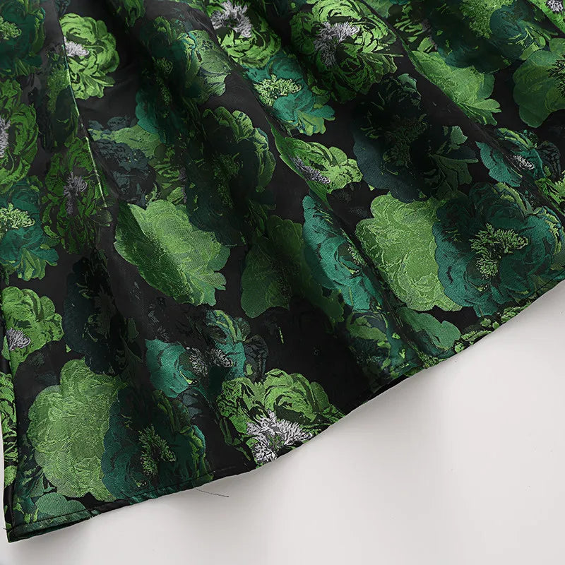 High Quality Elegant Lady Hepburn Style Mid-long Puff Skirt All-match Spring Autumn High Waist Green Jacquard Women A-line Skirt