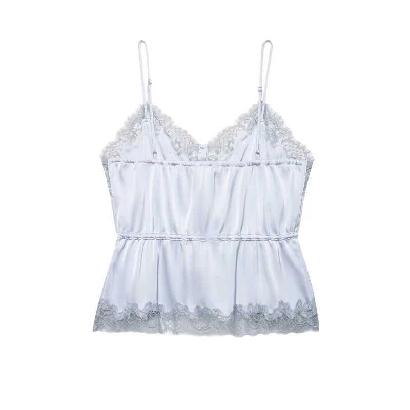 Women's Top 2026 New Spring Summer Lace Decoration Satin Textured Top for Women Chic Personality Female Spaghetti Strap Top