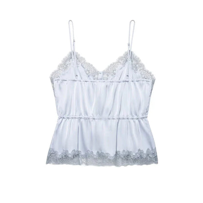 Women's Top 2026 New Spring Summer Lace Decoration Satin Textured Top for Women Chic Personality Female Spaghetti Strap Top