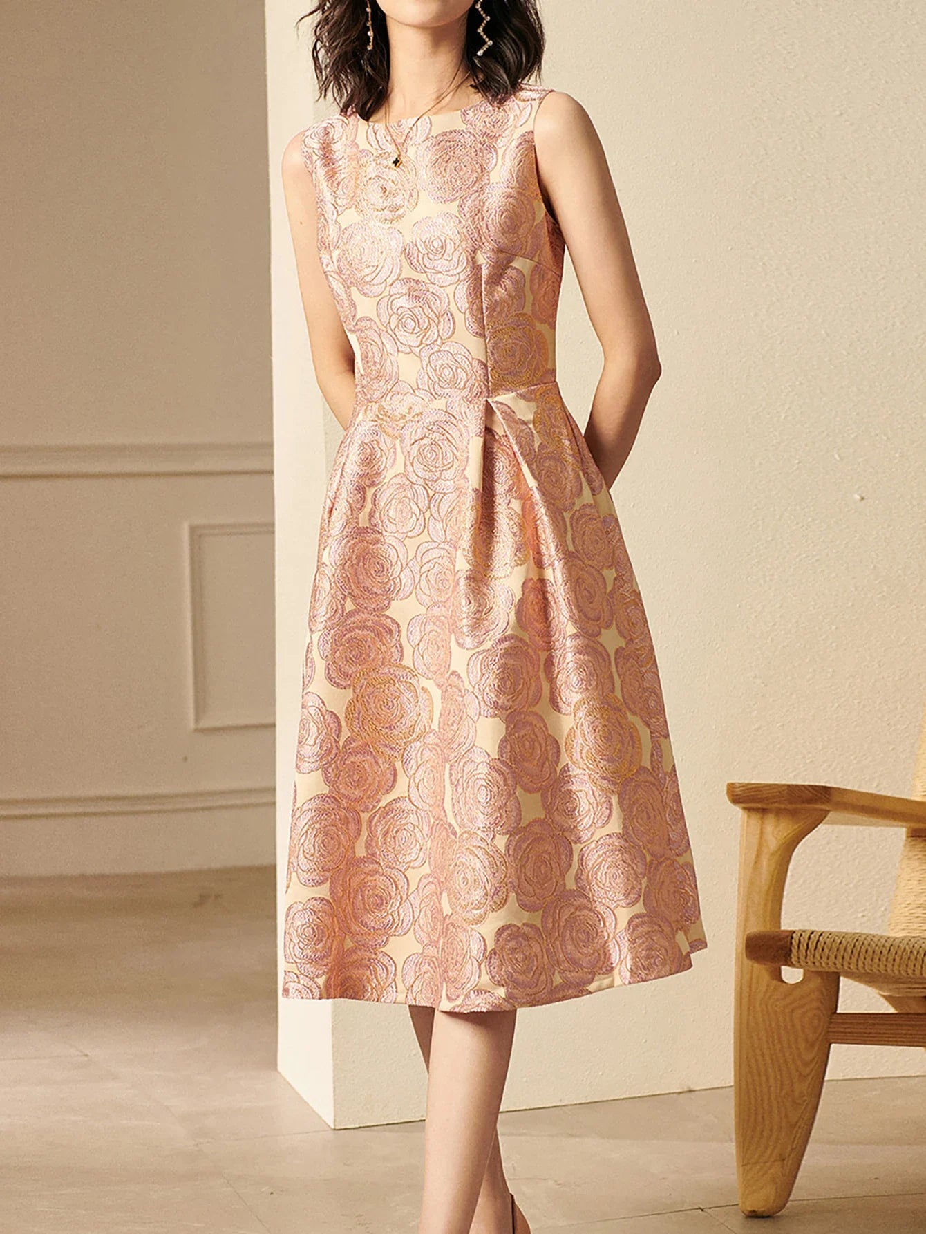 Elegant Women Sleeveless Summer Jacquard Boho Floral Vintage Ladies Party Clothes New A-Line Midi Dress Ladies Gowns