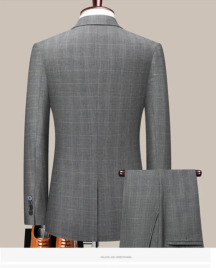 Suits (blazer+ Pants) Men Fashion Business Casual Solid Color Korean Version Slim-fit Plaid Gentleman Wedding Work S-5XL