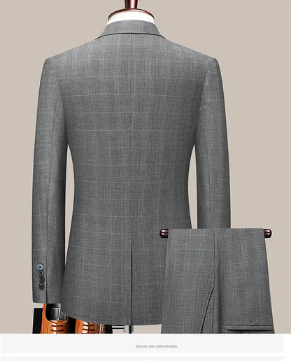 Suits (blazer+ Pants) Men Fashion Business Casual Solid Color Korean Version Slim-fit Plaid Gentleman Wedding Work S-5XL