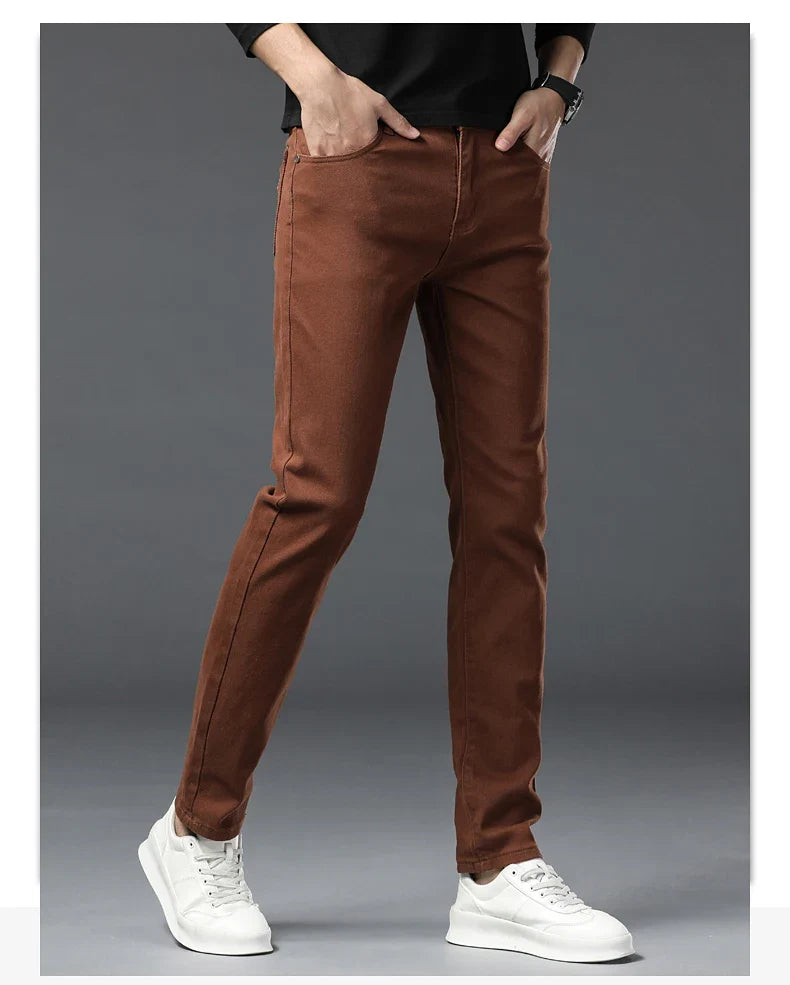 Straight Fashion Men's Jeans Solid Color Casual Business Stretch Washed Denim Trousers Breathable Streetwear Trendy Male Pants