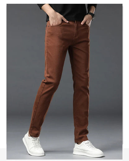 Straight Fashion Men's Jeans Solid Color Casual Business Stretch Washed Denim Trousers Breathable Streetwear Trendy Male Pants