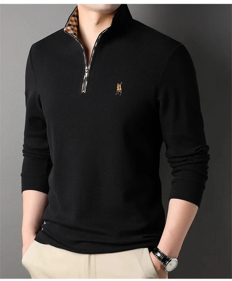 High end 100% cotton brand long sleeve T-shirt men's standing collar autumn fashionable embroidery Paul casual sports polo shirt