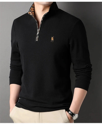 High end 100% cotton brand long sleeve T-shirt men's standing collar autumn fashionable embroidery Paul casual sports polo shirt