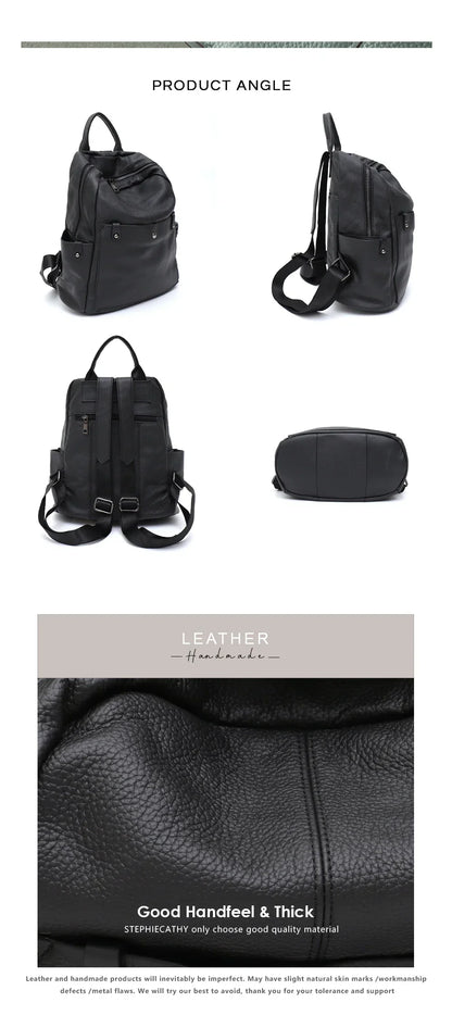 Soft Genuine Cowhide Daily Backpack Women Men Spacious Multi Pockets Fashion Casual Versatile Knapsack Travel Business College