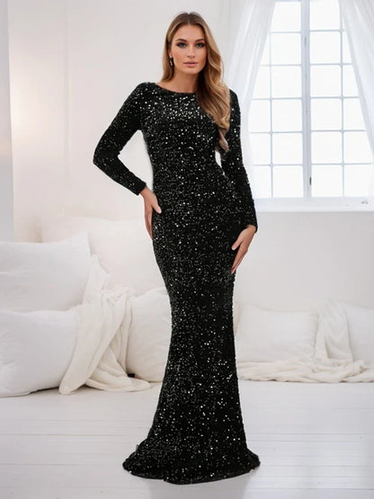 Modest Stretch Sequin O Neck Evening Party Dress Prom Gown Long Sleeve Mermaid Formal Dinner Dresses Elegant 2025