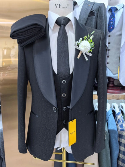 Luxurious Shawl Lapel 3-pieces Men Suit Textured Single Breasted Elegant Customized High Quality Set Vintage Party Groom Wear