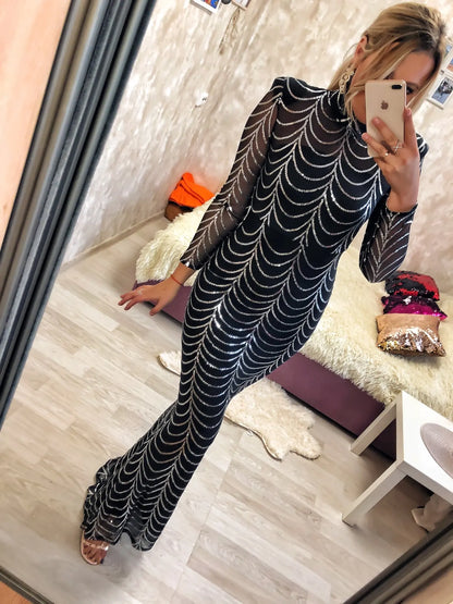 Vestido Formal Longo de Festa com Lantejoulas, Manga Comprida, Gola O Alta, Ombreiras, Forro Comprido, Vestido de Noite para Festa