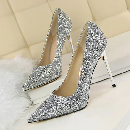Women Luxury Bling Red  Blue Valentine Party Scarpins Pumps Lady Glitter Sequins 7cm 9.5cm High Heels Designer Shoes Plus Size