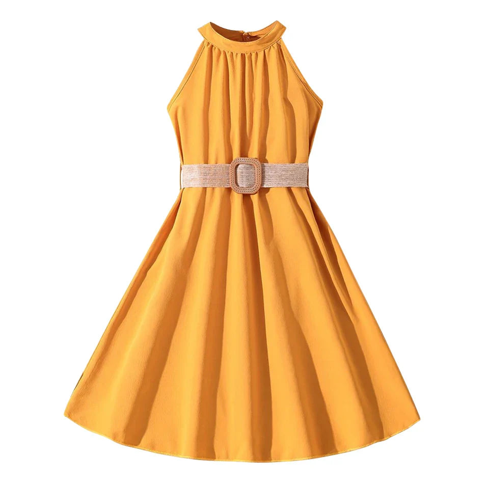 Elegant Summer Princess Dress for Teen Girls with Halter Neck and Off-Shoulder Children Sleeveless Casual Clothes with Belt
