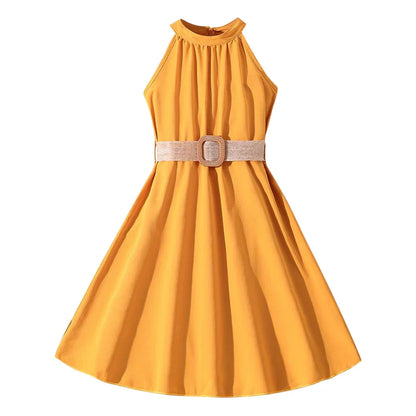 Elegant Summer Princess Dress for Teen Girls with Halter Neck and Off-Shoulder Children Sleeveless Casual Clothes with Belt