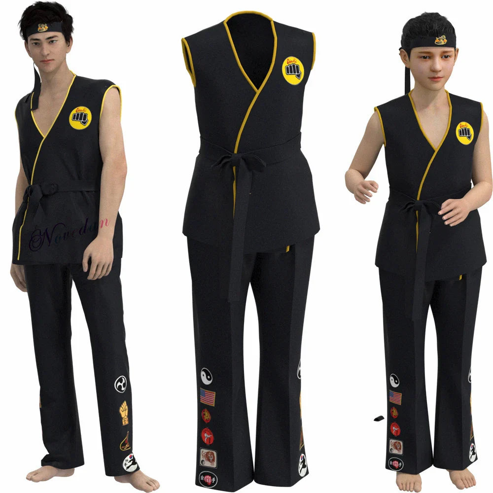 Karate Kids KOF Cobra Kai Cosplay Costume Kid Adult Black White Kimono Uniform Headband Anime Halloween Party Suit Tracksuit