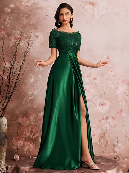 Luxury Green Sequins Off-shoulder Evening Dress 2025 Women Satin Wedding Party Prom Floor Lenght Cocktail Graduation Gown